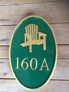 Any color Carved House number with starfish, or other image (A72) front view with adirondack chair - The Carving Company