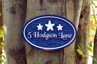 Beach themed Oval Street Address with 3 Starfish (S10) - The Carving Company signs