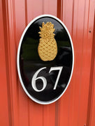 Oval house number sign with pineapple and number 67 painted in three colors