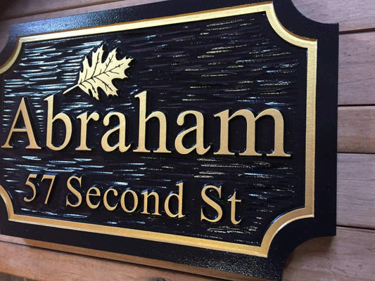 Custom Carved Family Name and Address sign with Oak Leaf or other image (LN59) - The Carving Company iso view