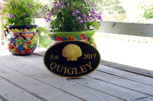 Custom Carved Last name sign with Realistic Scallop Shell and Established Year (LN61) - The Carving Company distant front view