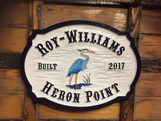 Carved Address plaque with Last Name and blue heron - front view 2(A111) - The Carving Company