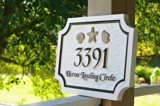 Custom Beach Address sign with sea shells and starfish (A136) - The Carving Company