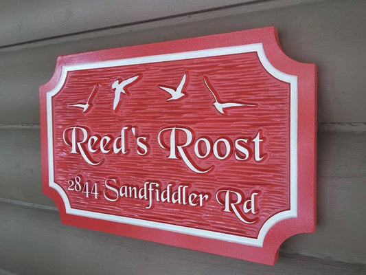 Custom Carved Family Name and Address sign with Seagull Beach theme (LN34) - The Carving Company