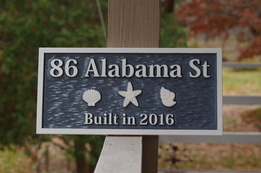 Carved Street Address plaque with beach theme (A22) - The Carving Company
