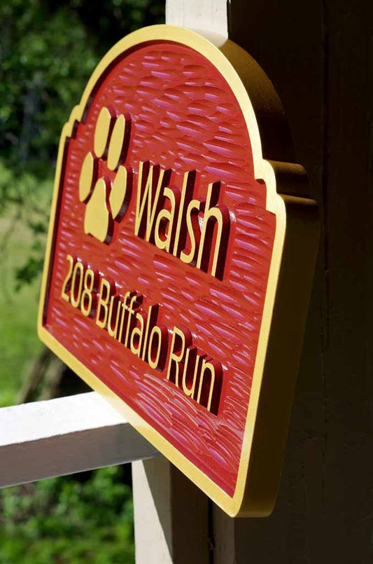 Address Sign with Family Last Name and Paw Print Image (LN32) - The Carving Company