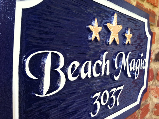 Custom Carved Address sign with Starfish - Beach theme (S1) - The Carving Company