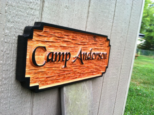 Cedar Carved Rustic Camp Sign - Rectangle with double notched corners (C5) - The Carving Company