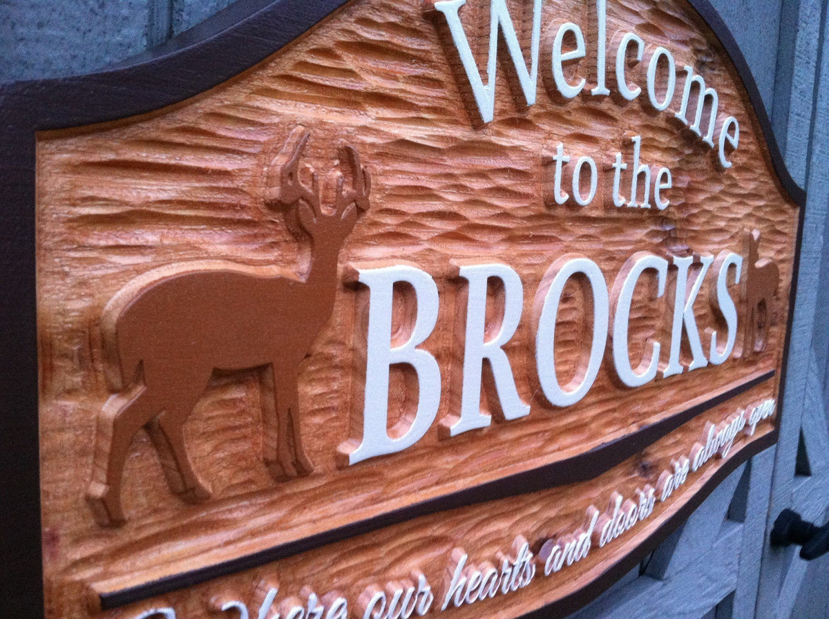 Welcome to the last name sign with deer and tag line white letters stained cedar background