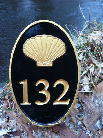 Oval House number with scallop sea shell or other stock image (A61) - The Carving Company