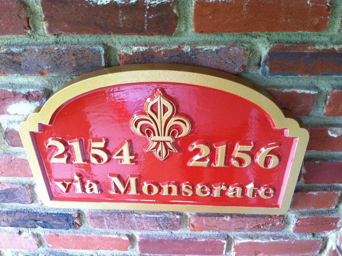 Custom Carved Street Address Sign with Fleur-de-lis (A16) - The Carving Company
