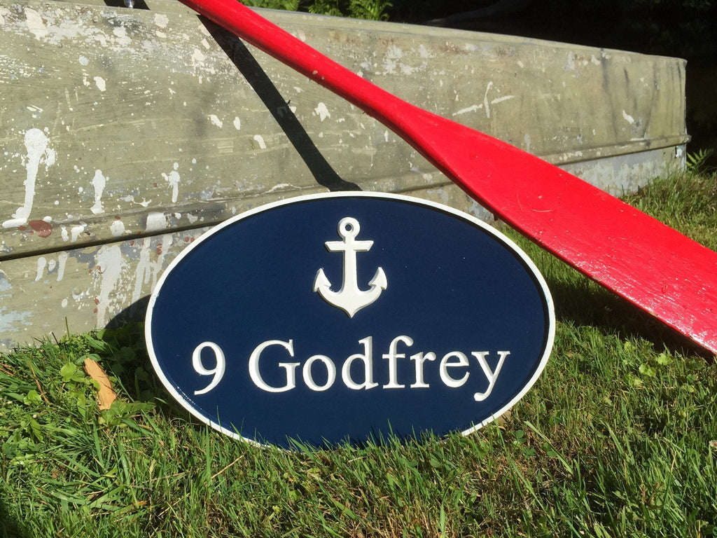 Nautical Street Address Marker  with anchor - Classic Oval (A79) - The Carving Company