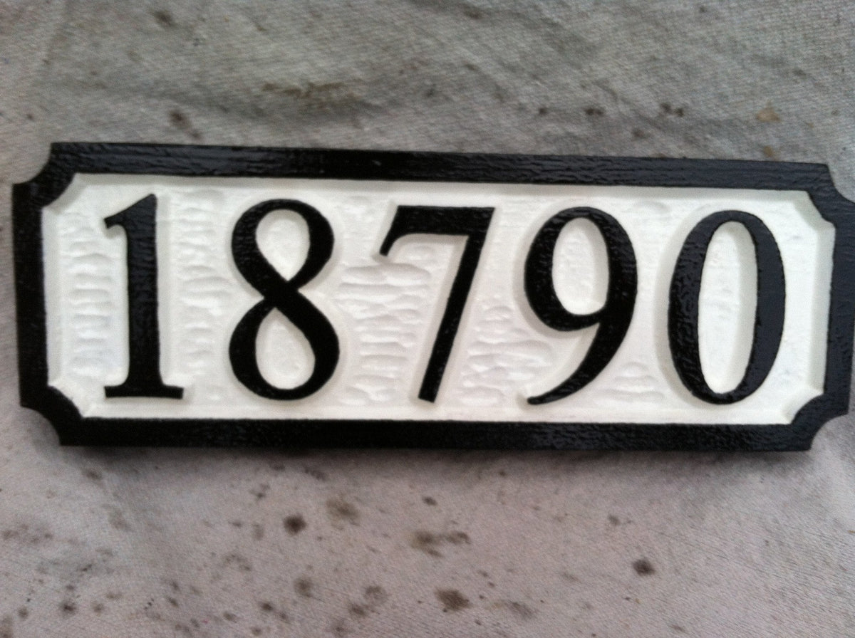 High contrast black and white 5 digit house number sign easy to read