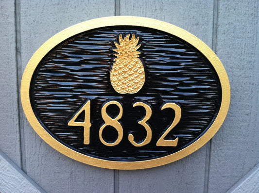 Colonial New England them house number sign with pineapple and vintage font