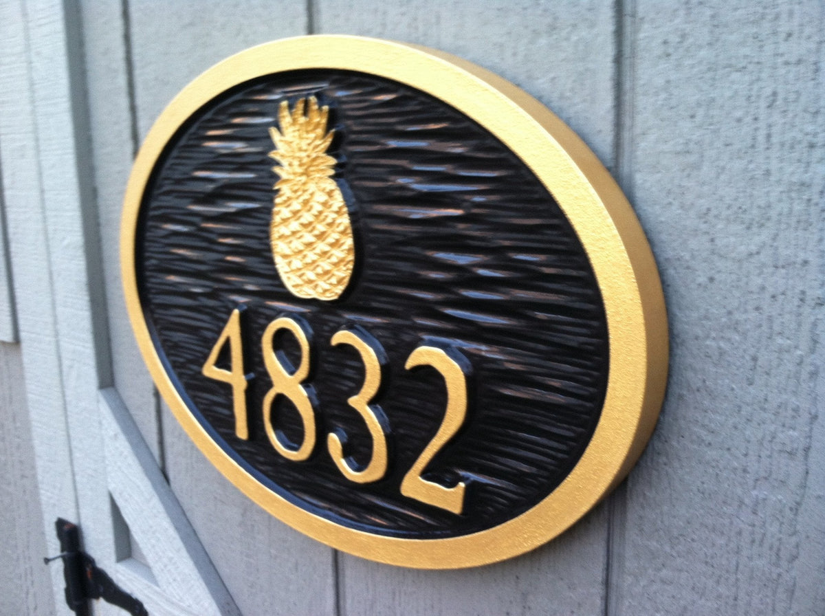 4 digit colonial vintage house number sign with pineapple relief carved