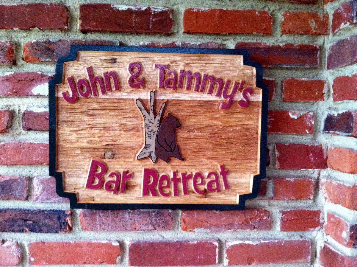 Custom Carved Cedar Wood Bar Sign with Bear image- Design your own (BP42) - The Carving Company