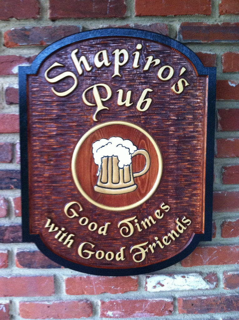 Custom Carved Cedar Pub Sign with Custom Image and tag line (BP26) - The Carving Company