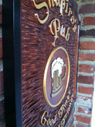 Custom Carved Cedar Pub Sign with Custom Image and tag line (BP26) - The Carving Company