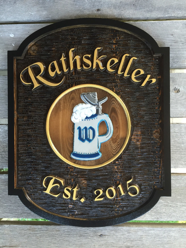 Custom Carved Cedar Pub Sign - German themed with Hand Painted Beer Stein (BP47) - The Carving Company