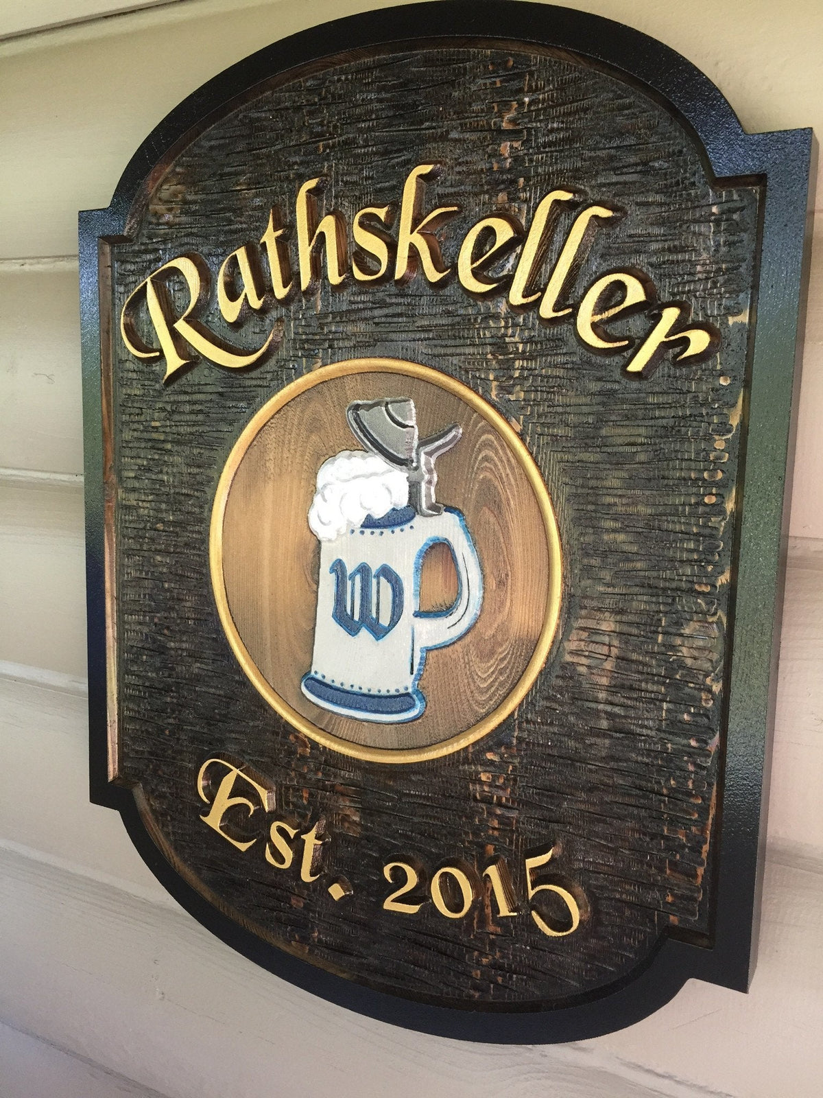 Custom Carved Cedar Pub Sign - German themed with Hand Painted Beer Stein (BP47) - The Carving Company