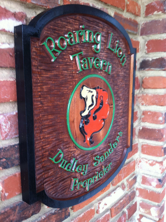 Custom Tavern Carved Wood Sign with Lion image or logo (BP15) - The Carving Company