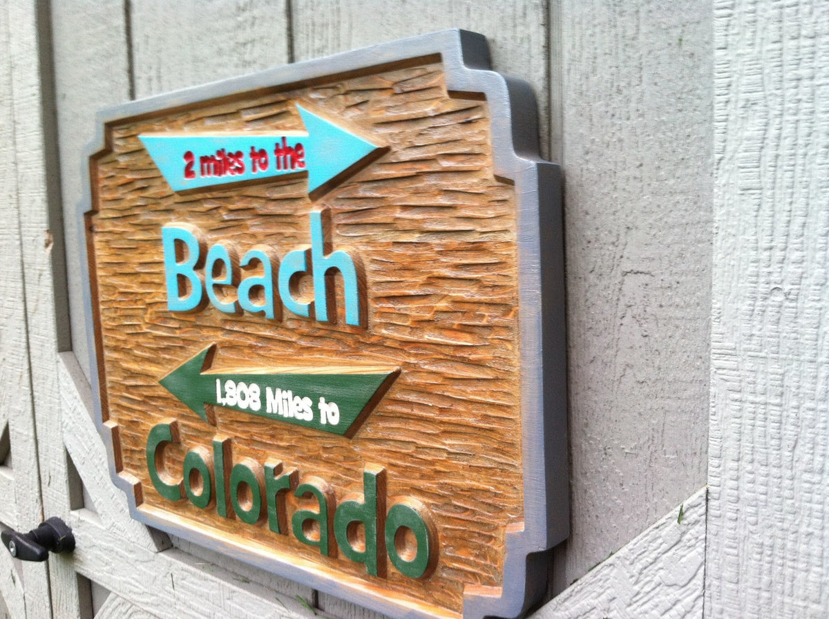 Cedar Carved Beach Sign with directional arrows (S4) - The Carving Company