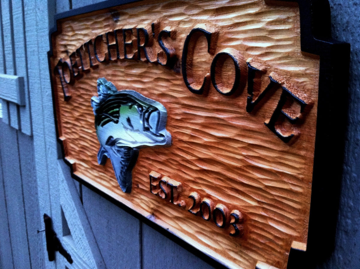 Cedar Camp Sign with Striped Bass fish image (C7) - The Carving Company