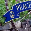 Peaceful shore curved quarterboard - blue and gold - front