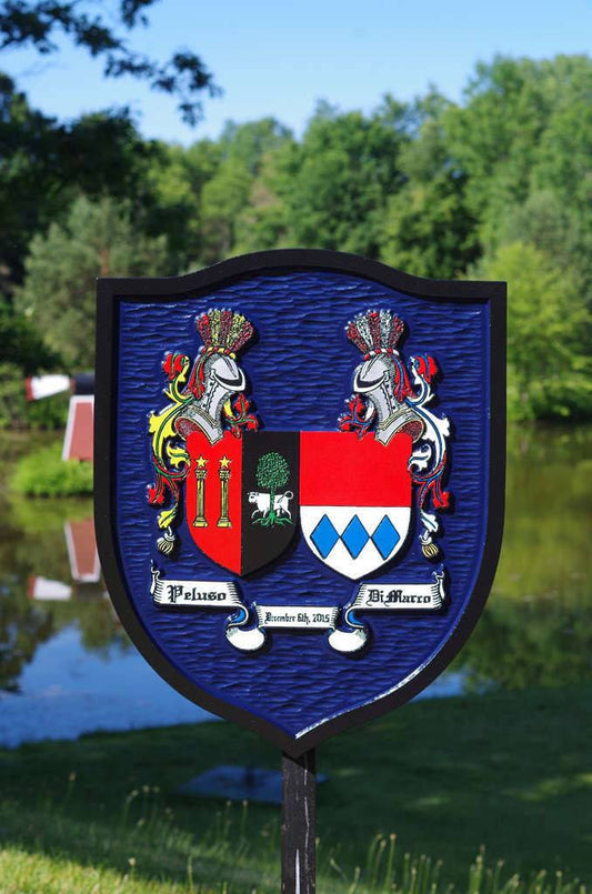 Custom Historic Family Crest Sign - Coat of arms - Double Name Shield (FC14) - The Carving Company