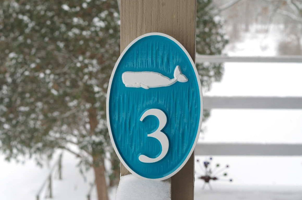 Carved Street Address plaque / House number with whale or other sea image (A24) - The Carving Company