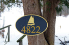 Nautical Carved Street Address plaque / House number with catboat or sailboat (A154) - The Carving Company