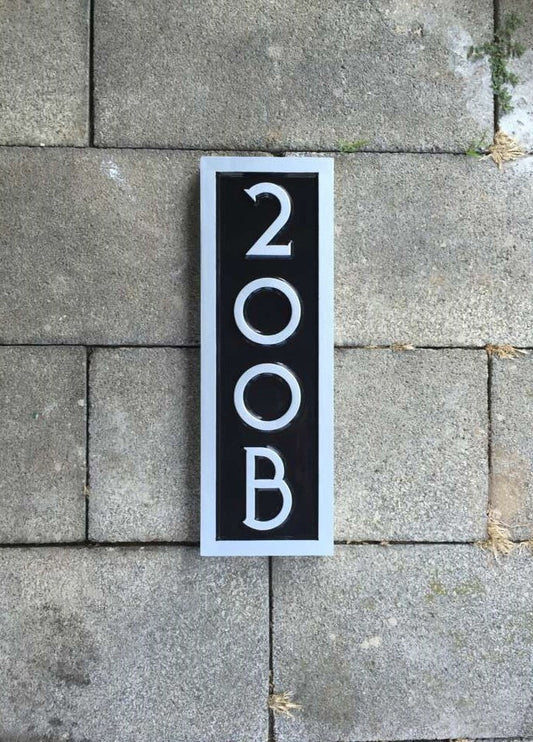 Custom made address number with letter rectangular sign painted black and silver