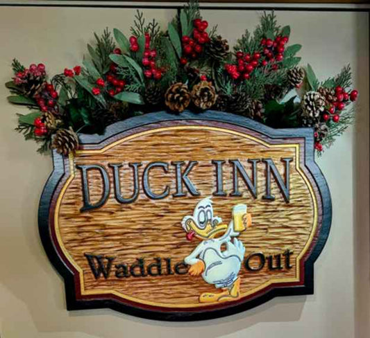 Duck Inn waddle out oak sign 