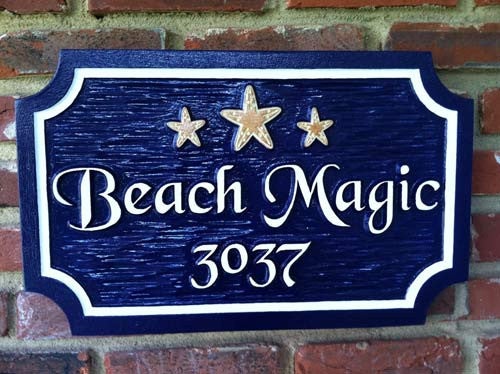 3037 Beach Magic sign with 3 starfish images navy blue and gold - front view