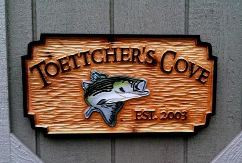 Toettchers Cove cedar camp sign with bass fish image - front veiw