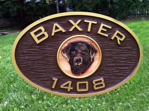 1408 Baxtor oval address sign with realistic dog head painting in center - Front view