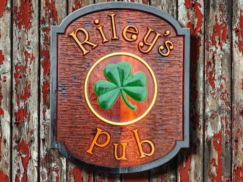 Rileys pub Irish rustic sign with shamrock image - front view