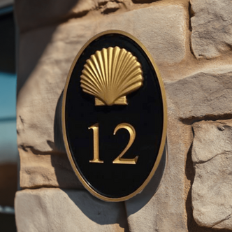 House number sign with Realistic Scallop Shell - Carved Street address marker (HN12) House Number with Nautical Theme The Carving Company 