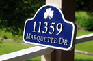 Address sign with arched top and shamrock painted navy blue and white