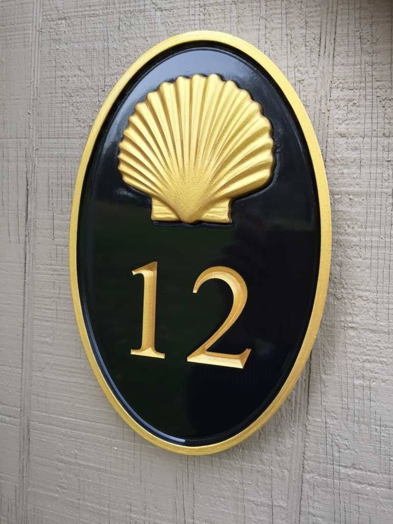 House number sign with Realistic Scallop Shell - Carved Street address marker (A169) - The Carving Company