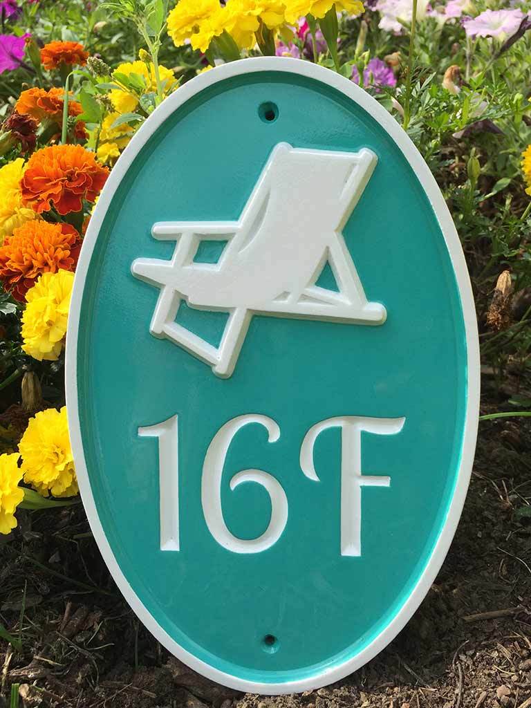 Any color Carved House number with starfish, or other image (A72) close up of oval with adirondack chair- The Carving Company