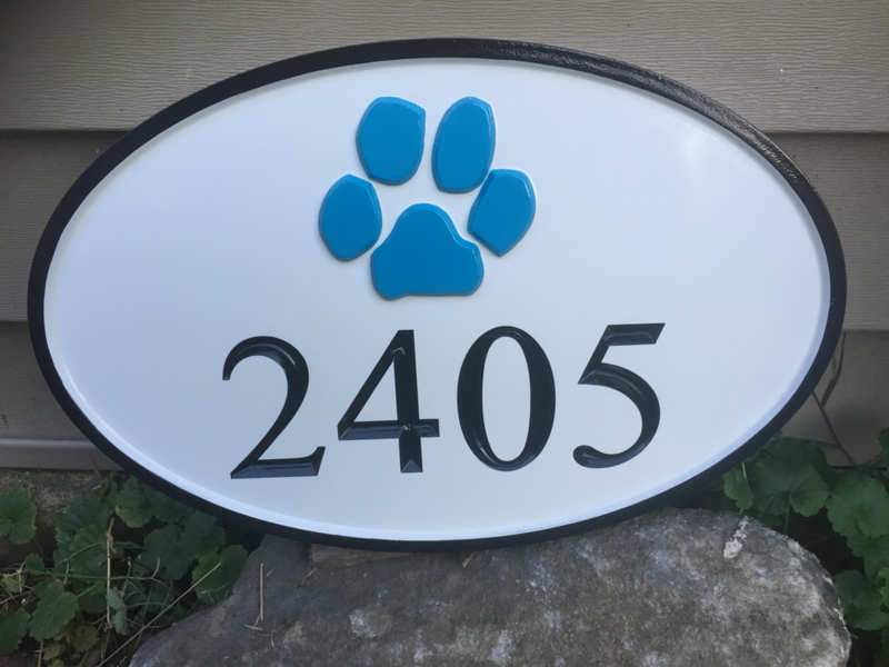 Carved Street Address plaque / House number with Paw print or other stock image (A123) - The Carving Company