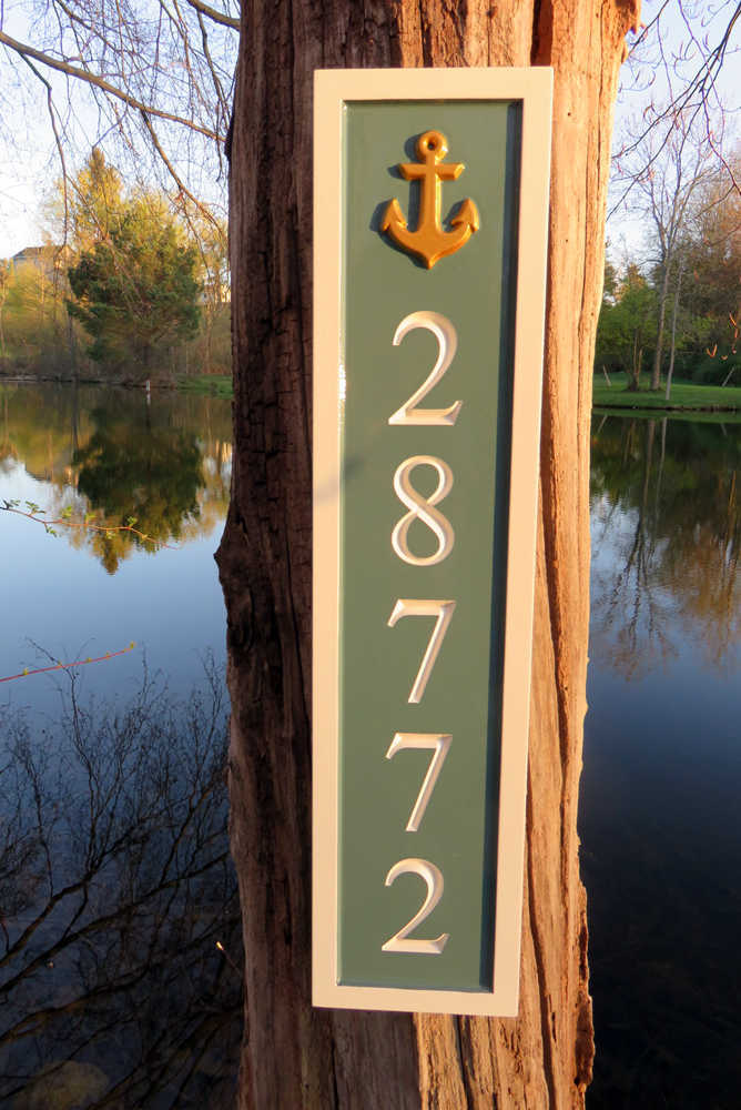Vertical Address Number Sign - With Anchor or other image - Use Three colors (HN34) House Number with Nautical Theme The Carving Company 
