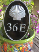 NEW! - House number sign with Realistic sea shell nautical theme front view - Carved Street address marker (A179) - The Carving Company