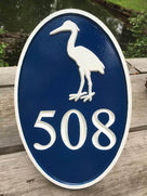 Any color Carved House number with blue heron image on navy background