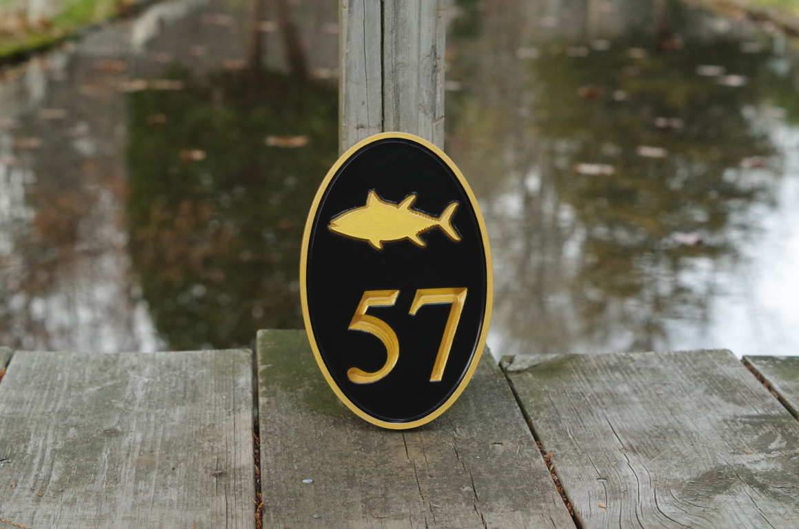 Any color Carved House number with starfish, or other image (A72) close up of tuna sign - The Carving Company