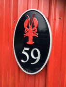 House number with Lobster - Maine theme-oval black white red-  right iso view (A75) - The Carving Company