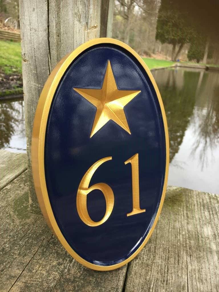 Carved Street Address plaque - House number with Star or other stock image (A174) - The Carving Company