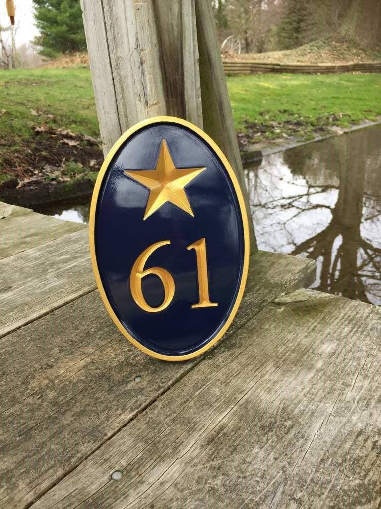 Carved Street Address plaque - House number with Star or other stock image (A174) - The Carving Company