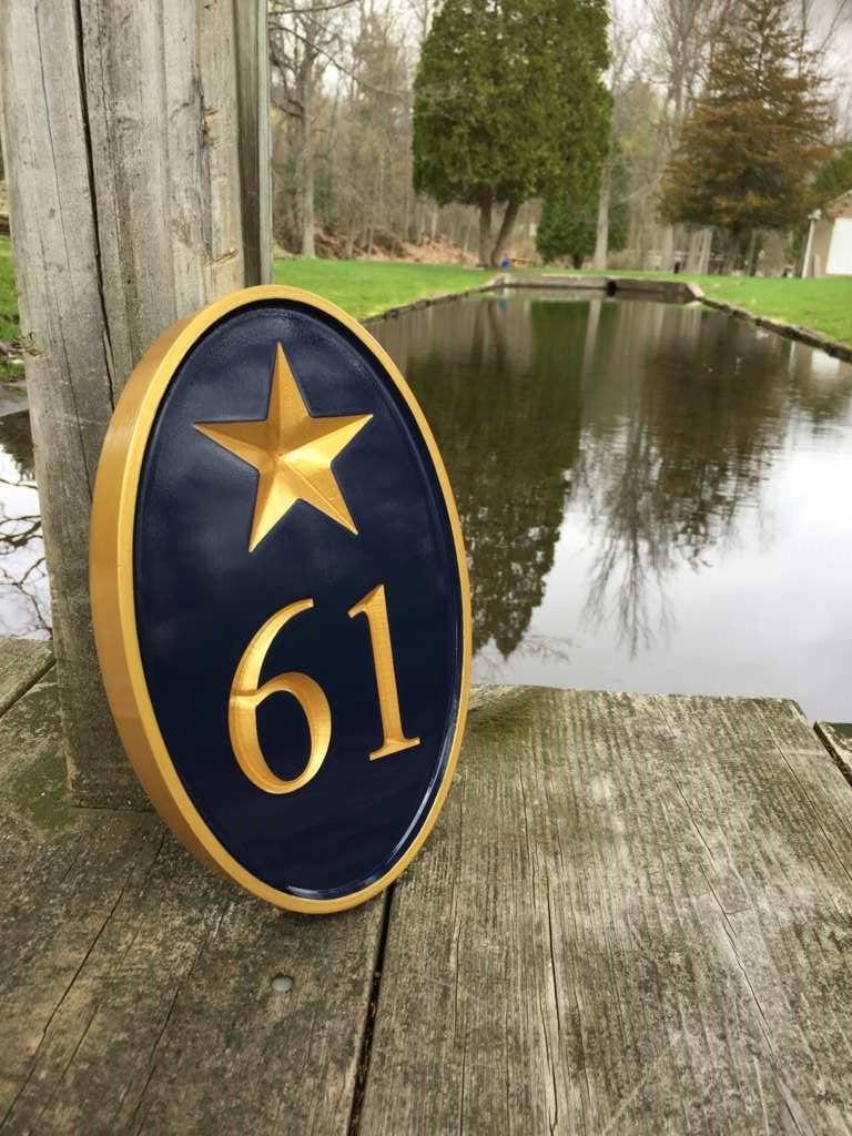 Carved Street Address plaque - House number with Star or other stock image (A174) - The Carving Company